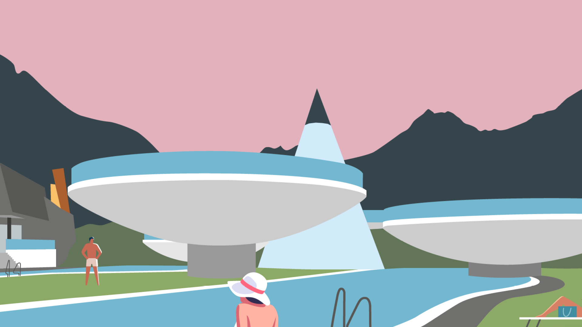 Illustration of people near a pool with futuristic structures, mountains, and a pink sky in the background.