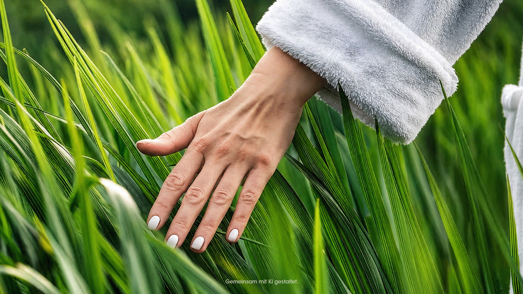 Una persona vestita con una tunica grigia accarezza l'erba alta e verde con la mano sinistra, mostrando unghie curate con cura e un gesto rilassato.