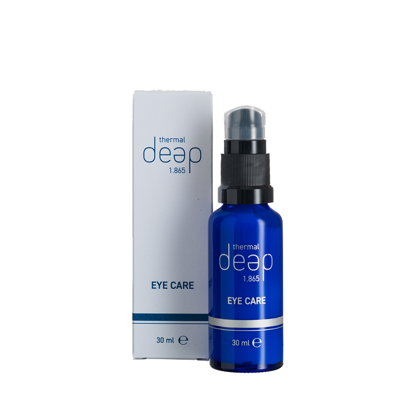 Neben der passenden Schachtel steht eine blaue Flasche mit der Aufschrift „Thermal Deep 1.865 Eye Care“ und enthält 30 ml revitalisierendes Produkt.