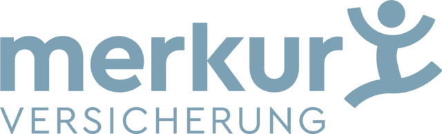 Логотип Merkur Versicherung с названием, написанным строчными буквами голубого цвета, и стилизованной фигурой человека справа.