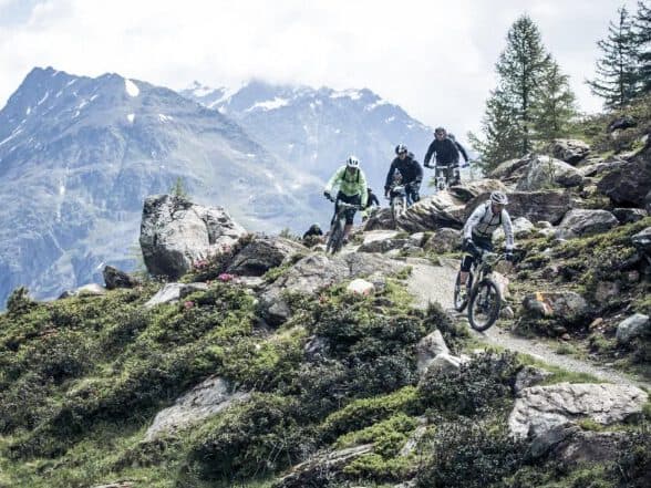 Four mountain bikers gather for a thrilling meeting with nature, racing down a rocky trail surrounded by lush greenery and majestic mountains in the background.
