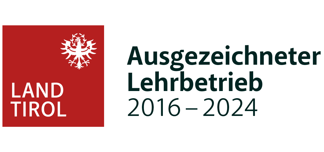 Logo „Land Tirol Ausgezeichneter Lehrbetrieb 2016–2024“ mit rotem Emblem und weißem Adler.