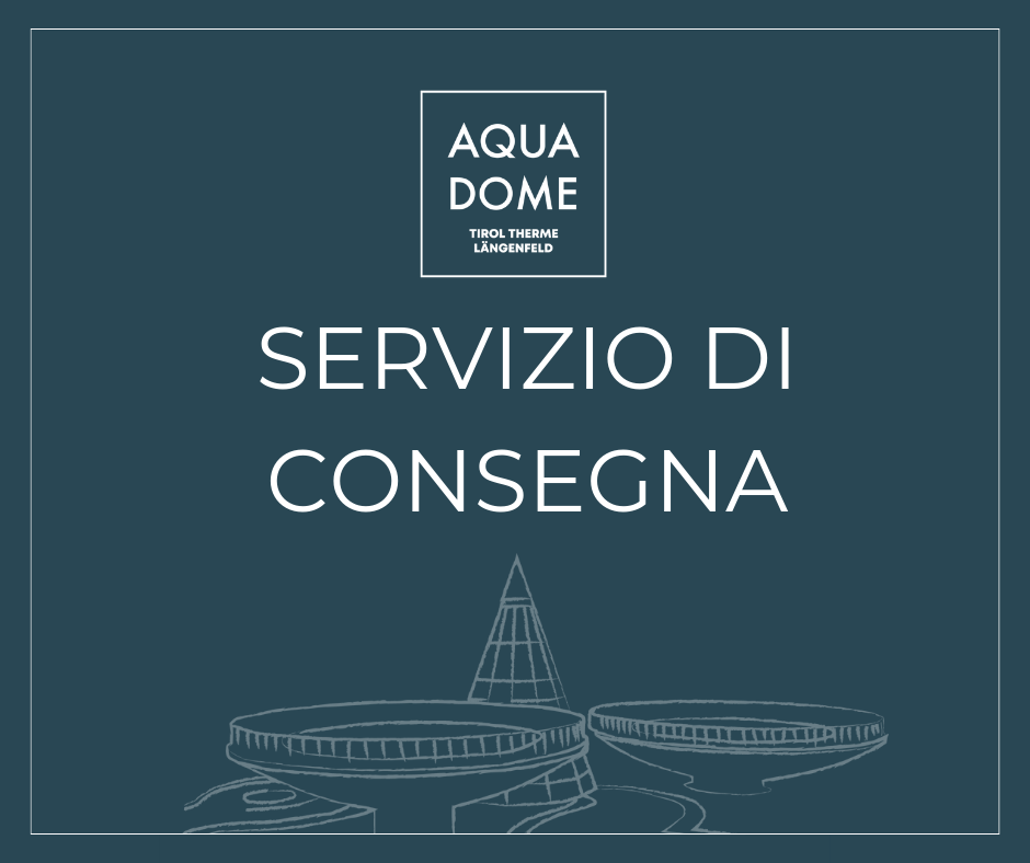 Il logo dell'Aqua Dome con il testo "Servizio di Consegna" è elegantemente posizionato su un disegno lineare di strutture circolari, che cattura l'essenza della cucina.