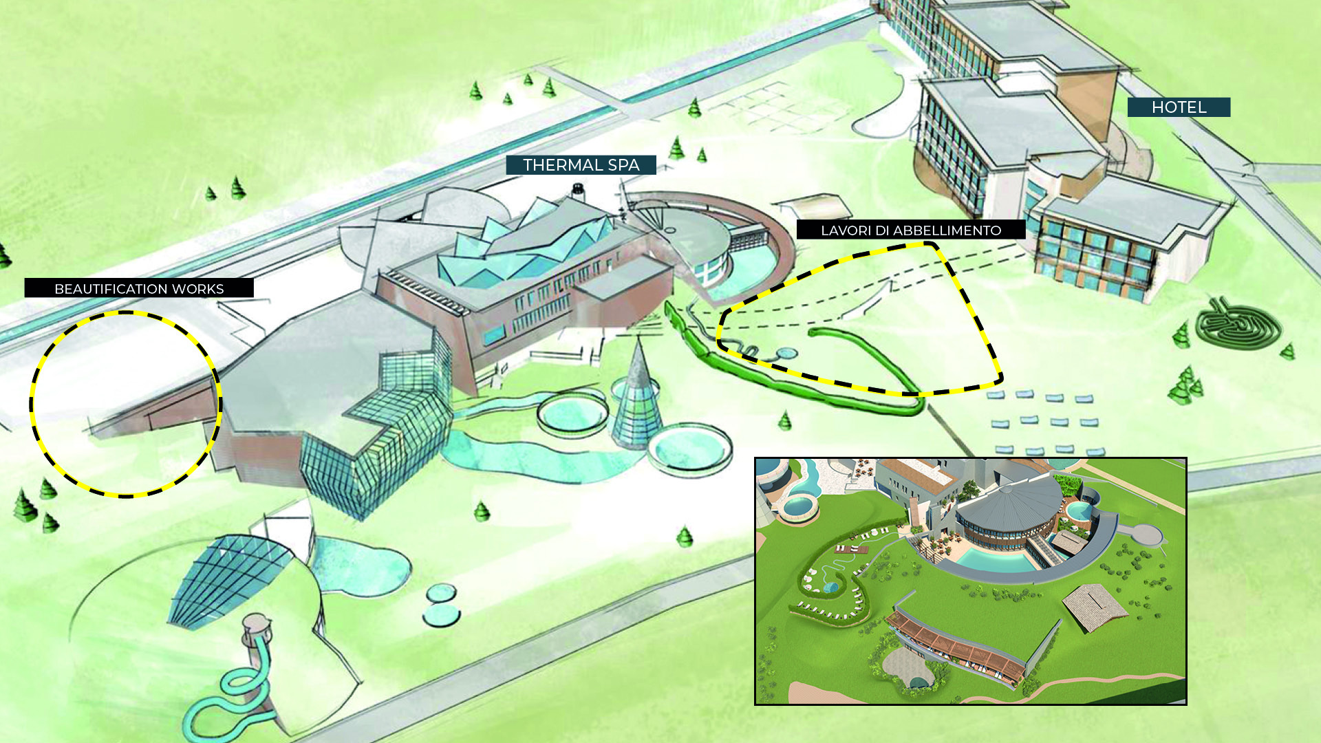 Illustrated map showing a hotel, thermal spa, and beautification works, with landscaped surroundings and green areas.