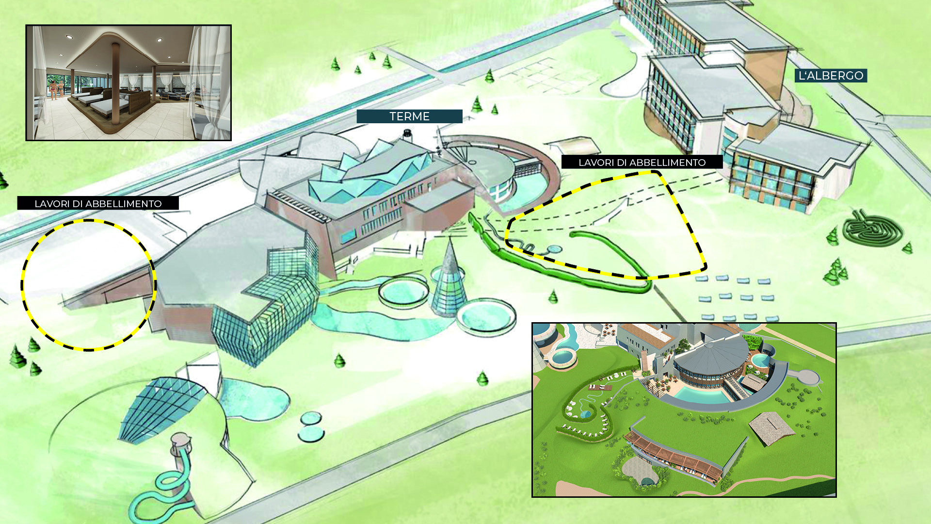 Illustrazione di un complesso edilizio con aree etichettate per lavori di giardinaggio e una spa. Include un inserto di uno spazio esterno con piscine e sentieri.