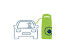 Strichzeichnung einer Person, die in einem Elektroauto sitzt, das an eine grüne Ladestation mit einem Steckersymbol angeschlossen ist.