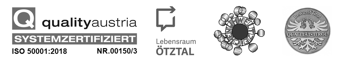 Logos for Quality Austria ISO 50001:2018 certification, Lebensraum Ötztal, Ausgezeichneter Familienbetrieb, and Quality Tirol are shown in a row.