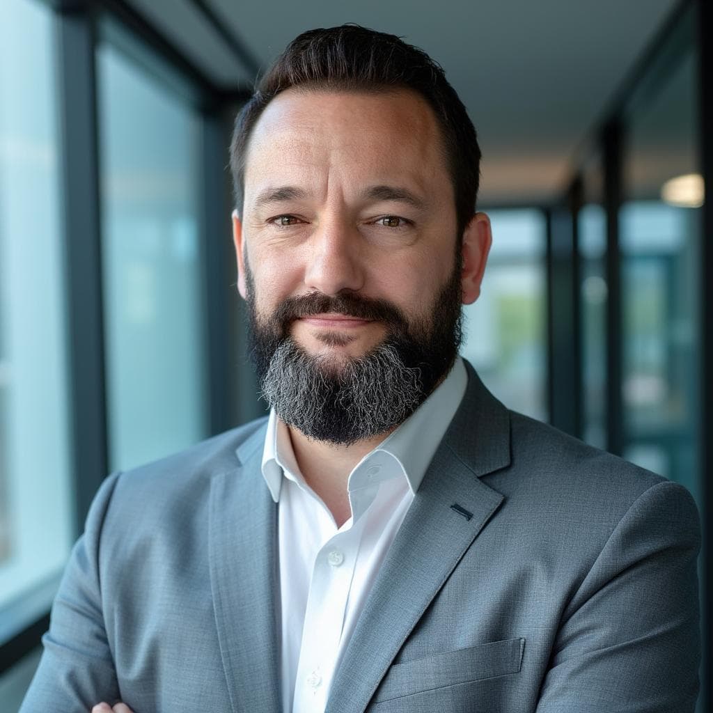 Ein Mann mit dunklem Bart und grauen Strähnen, der einen grauen Anzug und ein weißes Hemd trägt, steht mit verschränkten Armen in einem modernen Korridor mit großen Fenstern.