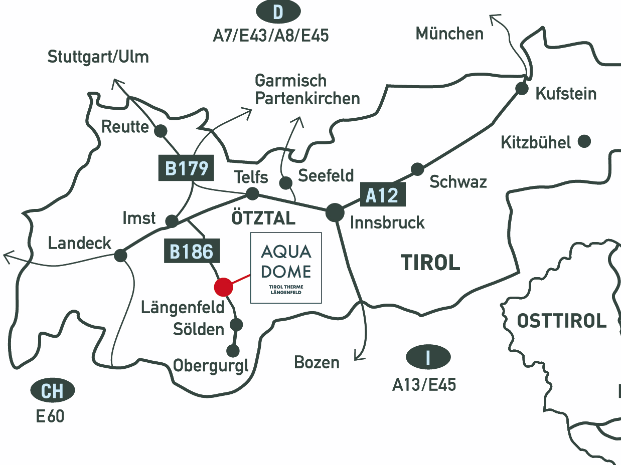 Karte mit Straßen und Städten in Tirol, Österreich, mit Hervorhebung der Lage des AQUA DOME in der Nähe von Längenfeld und Sölden, mit Kennzeichnung der wichtigsten Autobahnen und nahe gelegenen Städte.