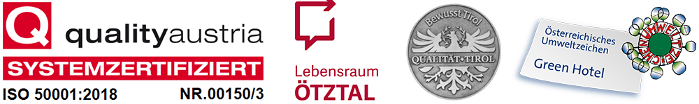 Logos für die Quality Austria ISO 50001:2018 Zertifizierung, Lebensraum Ötztal, eine Quality Tirol Silbermedaille mit Adler-Emblem und Österreichisches Umweltzeichen als Green Hotel.