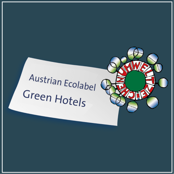 A sign reads Austrian Ecolabel Green Hotels next to the Austrian Ecolabel Umweltzeichen logo on a dark blue background.