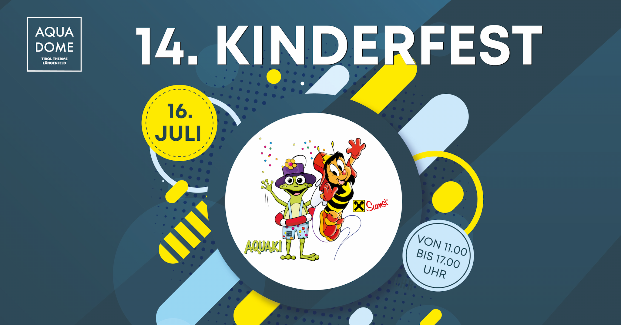 Werbegrafik für das 14. Kinderfest im Aqua Dome am 16. Juli, mit Zeichentrickfiguren und der Veranstaltungszeit von 11:00 bis 17:00 Uhr.