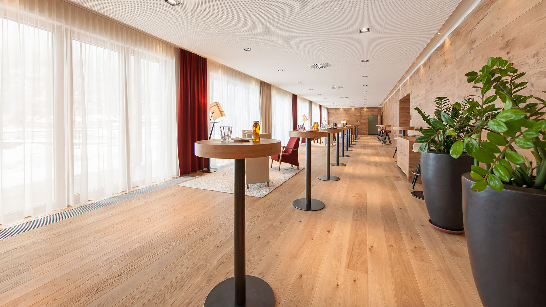 Salle spacieuse, aménagée pour les conférences, avec parquet, murs et grandes plantes en pot. De grandes baies vitrées ornées de rideaux blancs et rouges baignent l'espace de lumière naturelle.