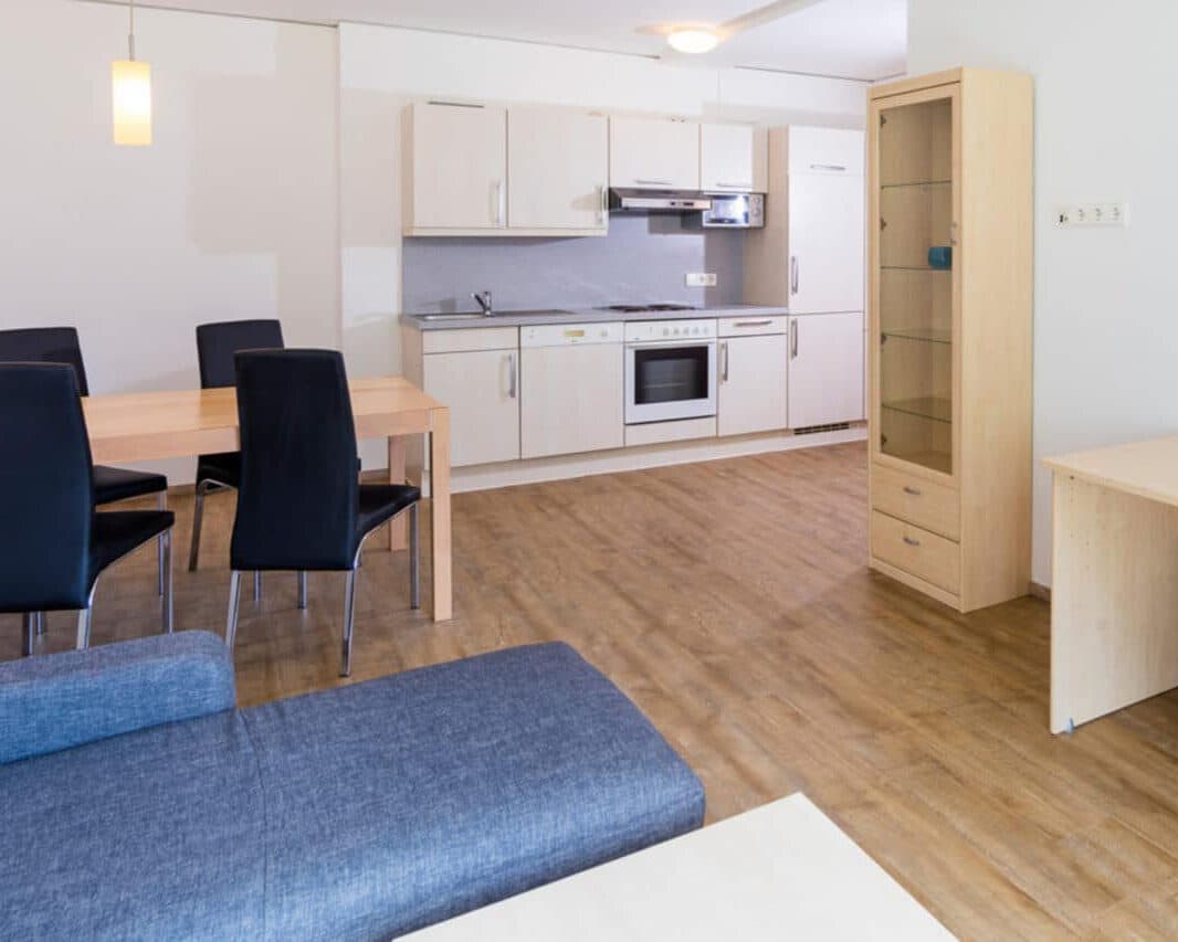 Moderne Küche und Essbereich mit hellen Holzschränken, Geräten aus Edelstahl, einem hölzernen Esstisch mit schwarzen Stühlen und einem blauen Sofa auf Holzboden.