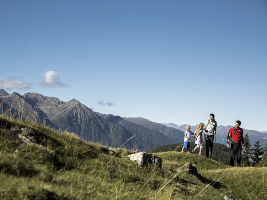 A group of four people, including two children, hike on a grassy mountain trail with a backdrop of distant peaks under a clear blue sky.