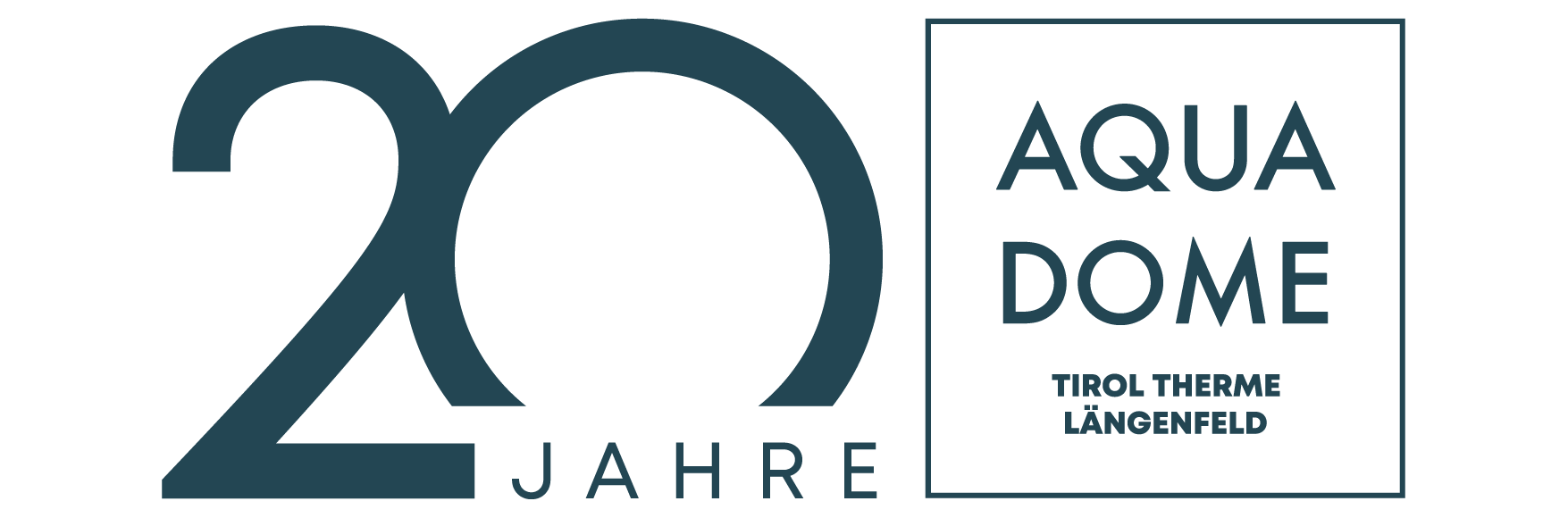 Logo displaying 20 Jahre and Aqua Dome Tirol Therme Längenfeld in dark blue text, marking the 20th anniversary of the Aqua Dome spa in Tirol, Austria.