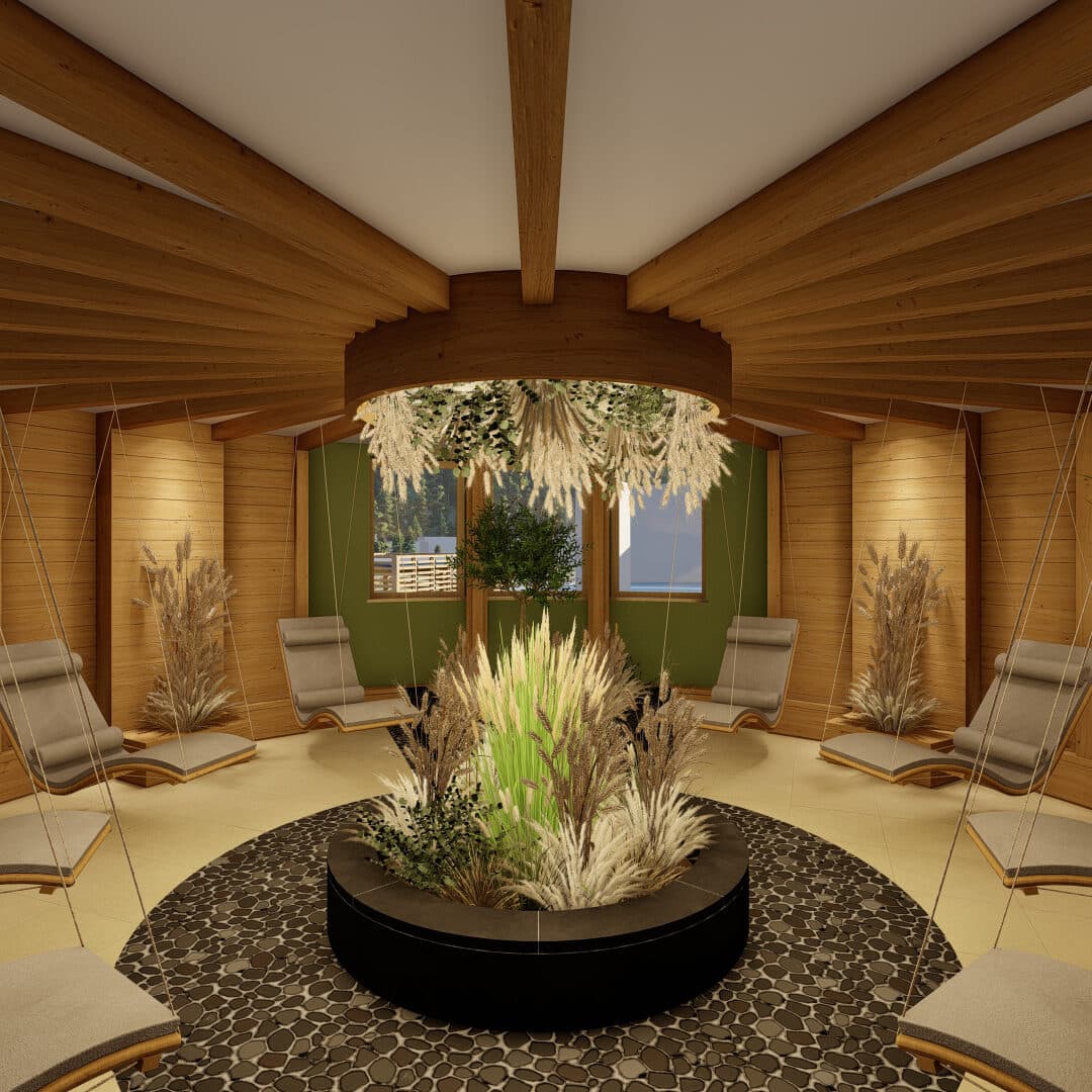 Holzlounge mit modernen Stühlen, kreisförmig um einen zentralen Blumenkasten mit Grünpflanzen angeordnet, unter einer Holzdecke mit Balken. Neutrale Töne und entspanntes Ambiente.