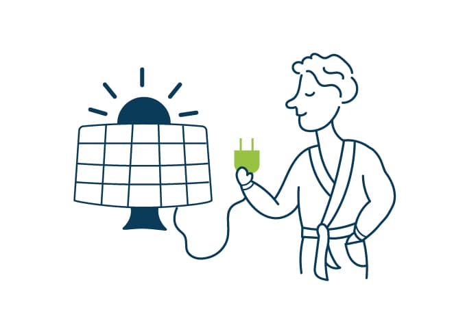 Strichzeichnung einer Person im Bademantel, die einen grünen Stecker hält, der mit einem großen, beleuchteten Solarpanel verbunden ist.