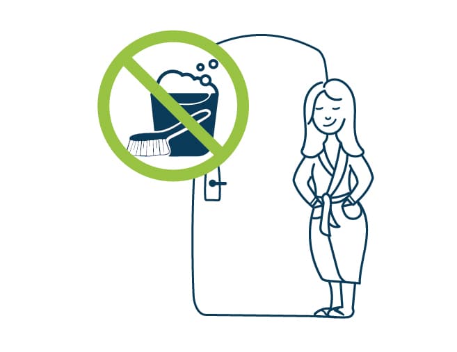 Illustration einer Frau im Bademantel, die an einer Tür steht, mit einem grünen Verbotsschild über einer Tasse und einer Zahnbürste.