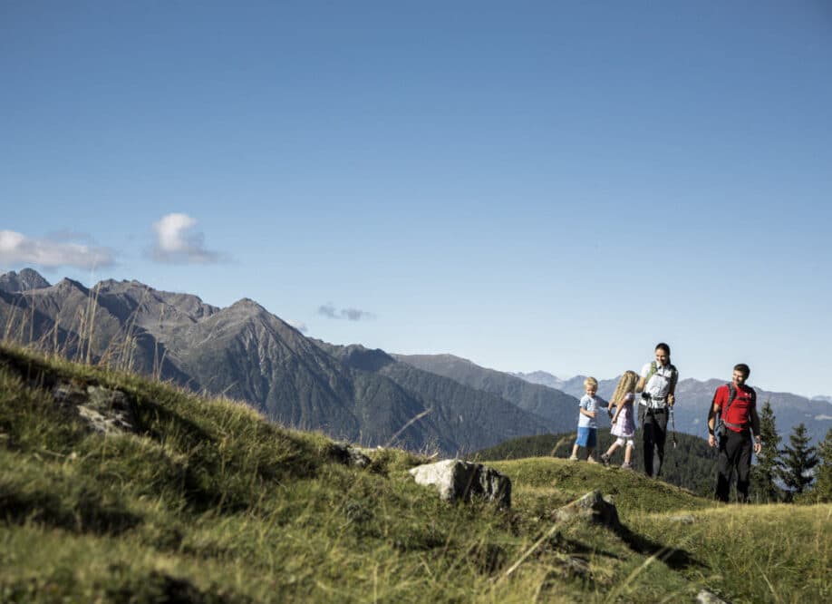 Quattro persone fanno un'escursione su un pendio erboso con le montagne sullo sfondo e un cielo azzurro e terso.