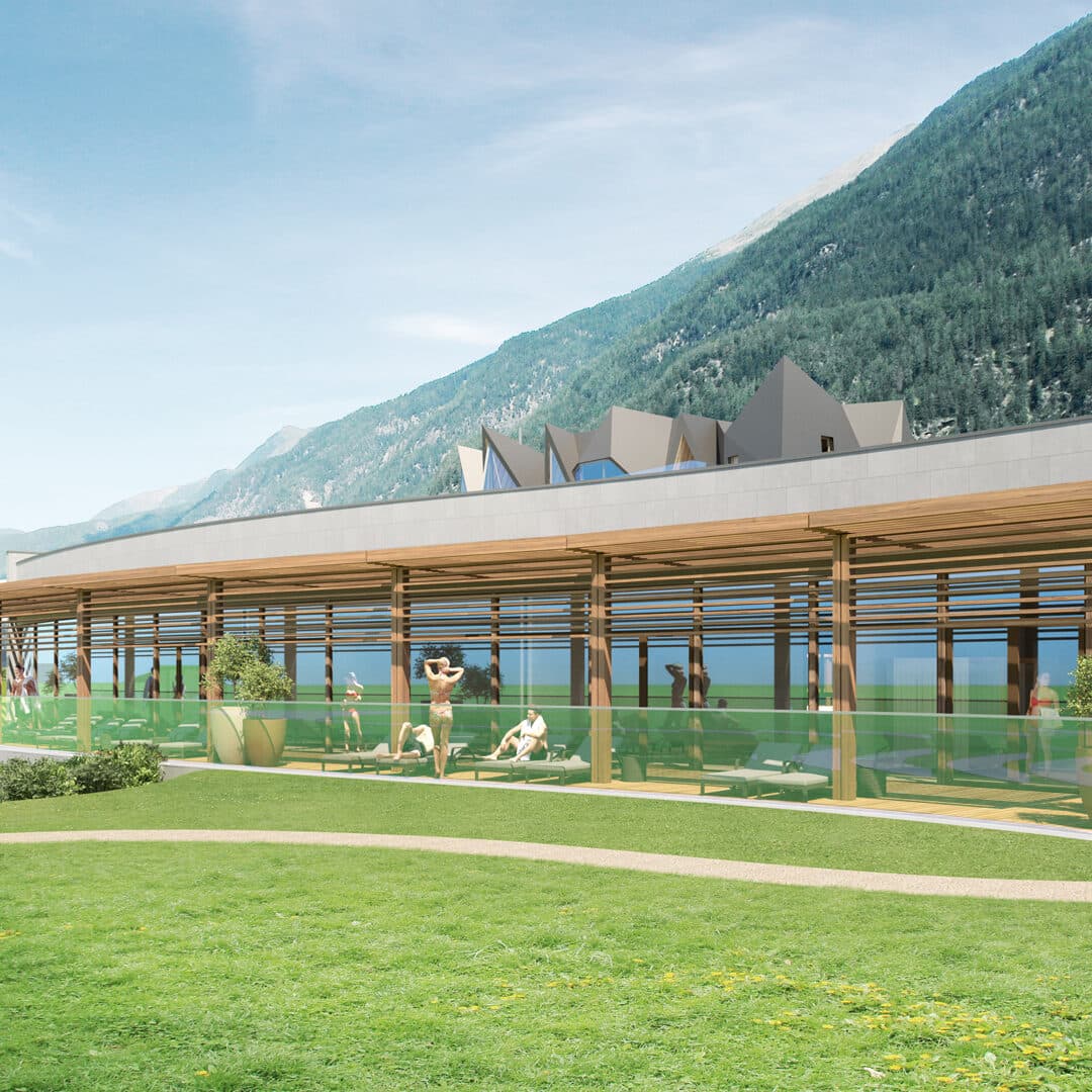 Moderner Lounge-Bereich im Freien mit Menschen, die sich unter hölzernen Pergolen sonnen, Rasen im Vordergrund, Berge und moderne Gebäude im Hintergrund.