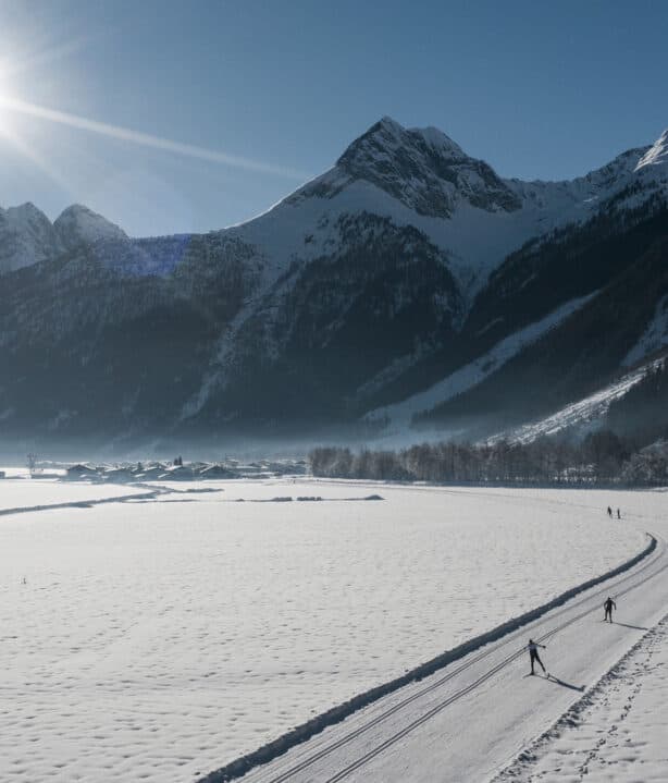 Eine Gruppe von Menschen beim Skifahren im Schnee.