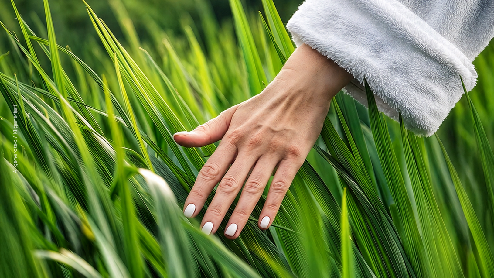 Eine Hand mit weißem Nagellack berührt hohes grünes Gras; sie trägt einen hellgrauen, flauschigen Ärmel.