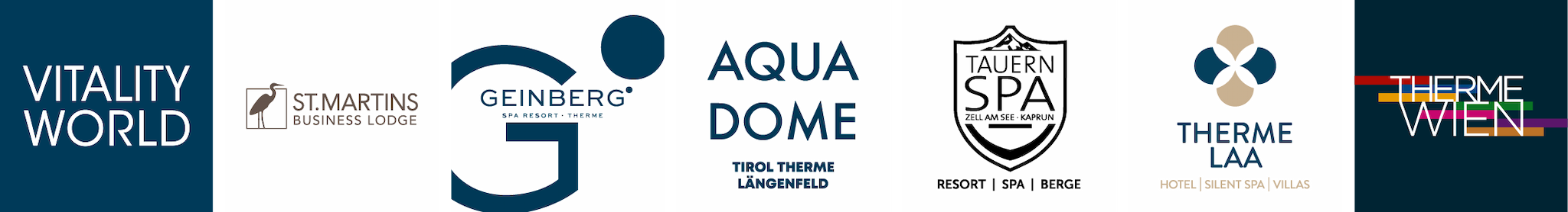 Logos für die Vitality World-Wellnessresorts, darunter St. Martins, Geinberg, Aqua Dome, Tauern Spa, Therme Laa und Therme Wien.