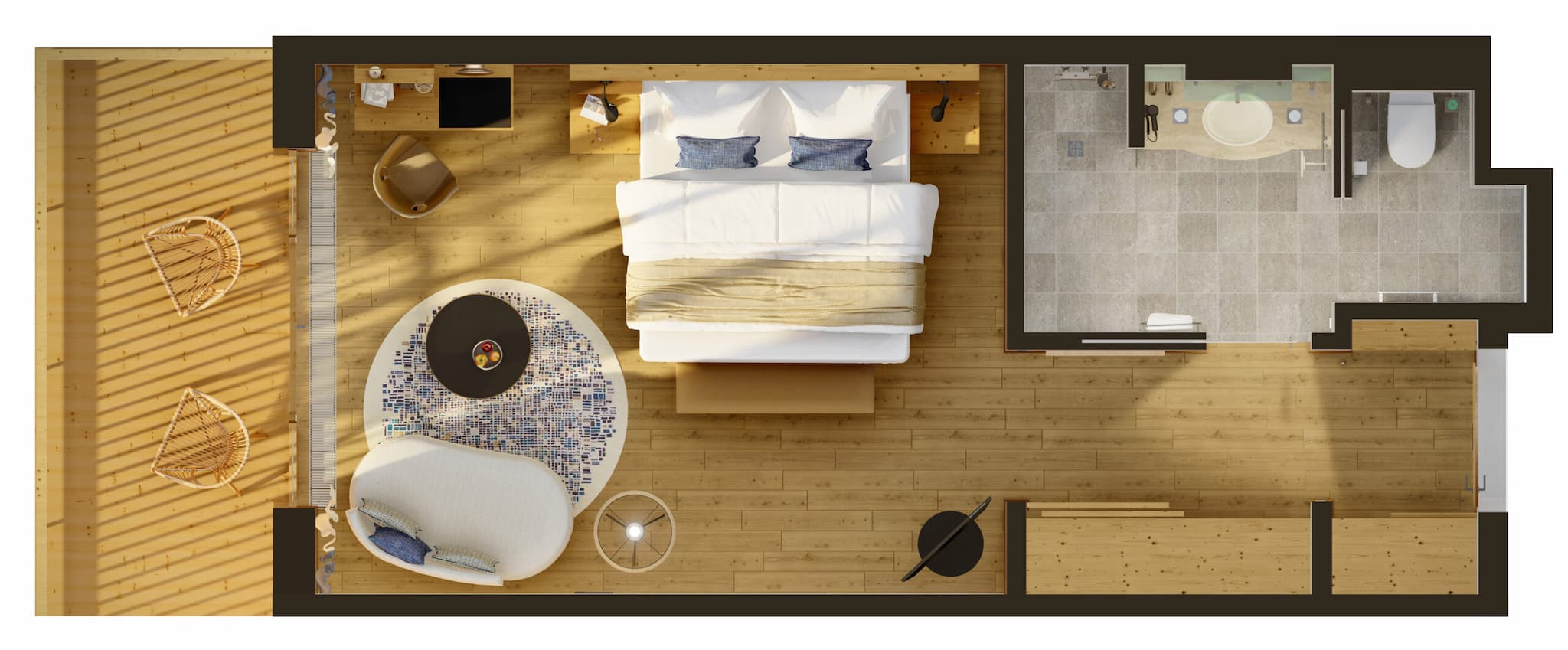 Draufsicht auf den Grundriss eines Hotelzimmers mit einem Bett, einem Wohnbereich, einer Außenterrasse mit zwei Stühlen und einem eigenen Badezimmer.