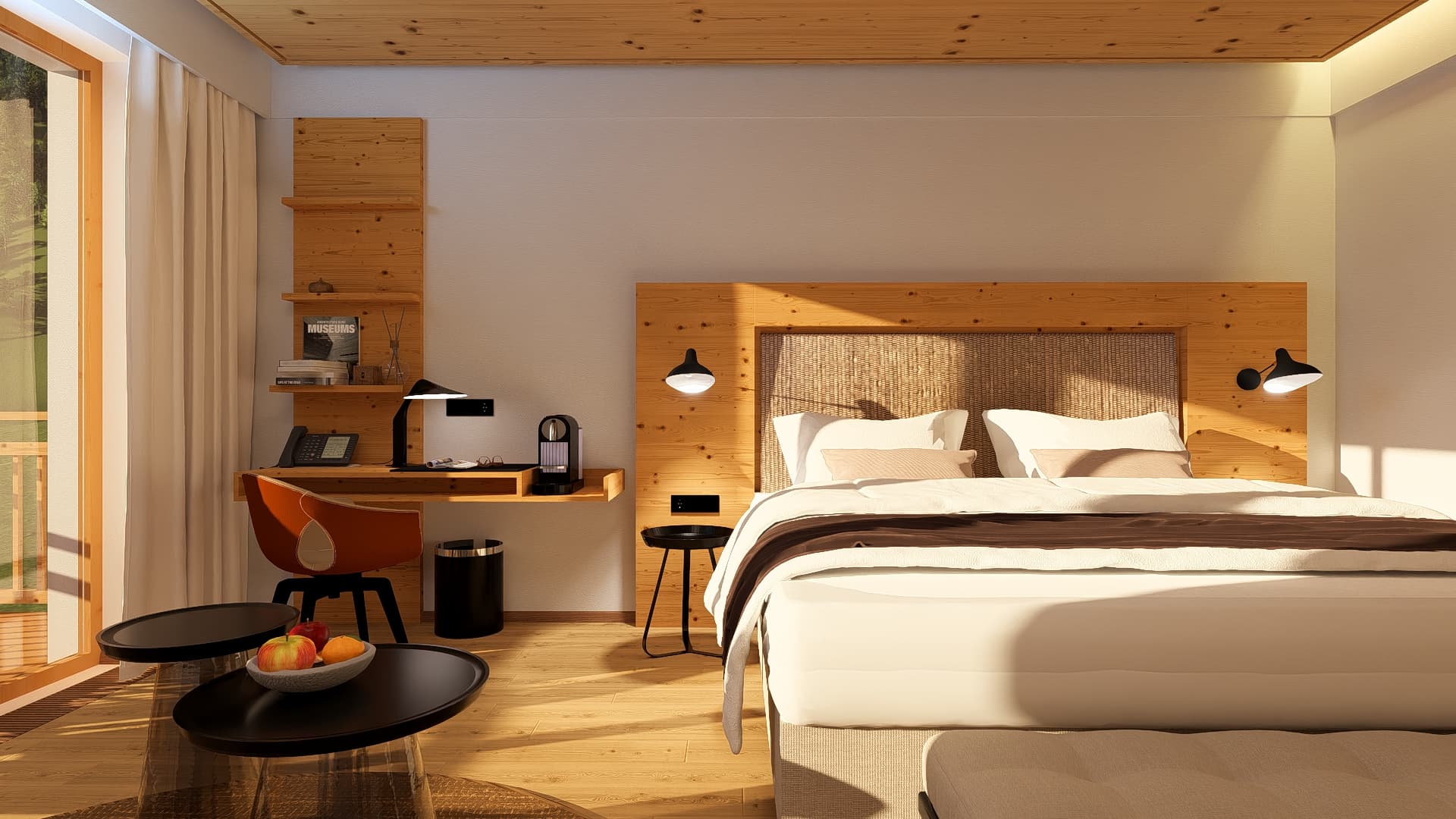 Ein modernes Hotelzimmer mit einem Kopfteil aus Holz, einem großen Bett, einem Schreibtisch mit einer Kaffeemaschine und zwei niedrigen runden Tischen im Vordergrund.
